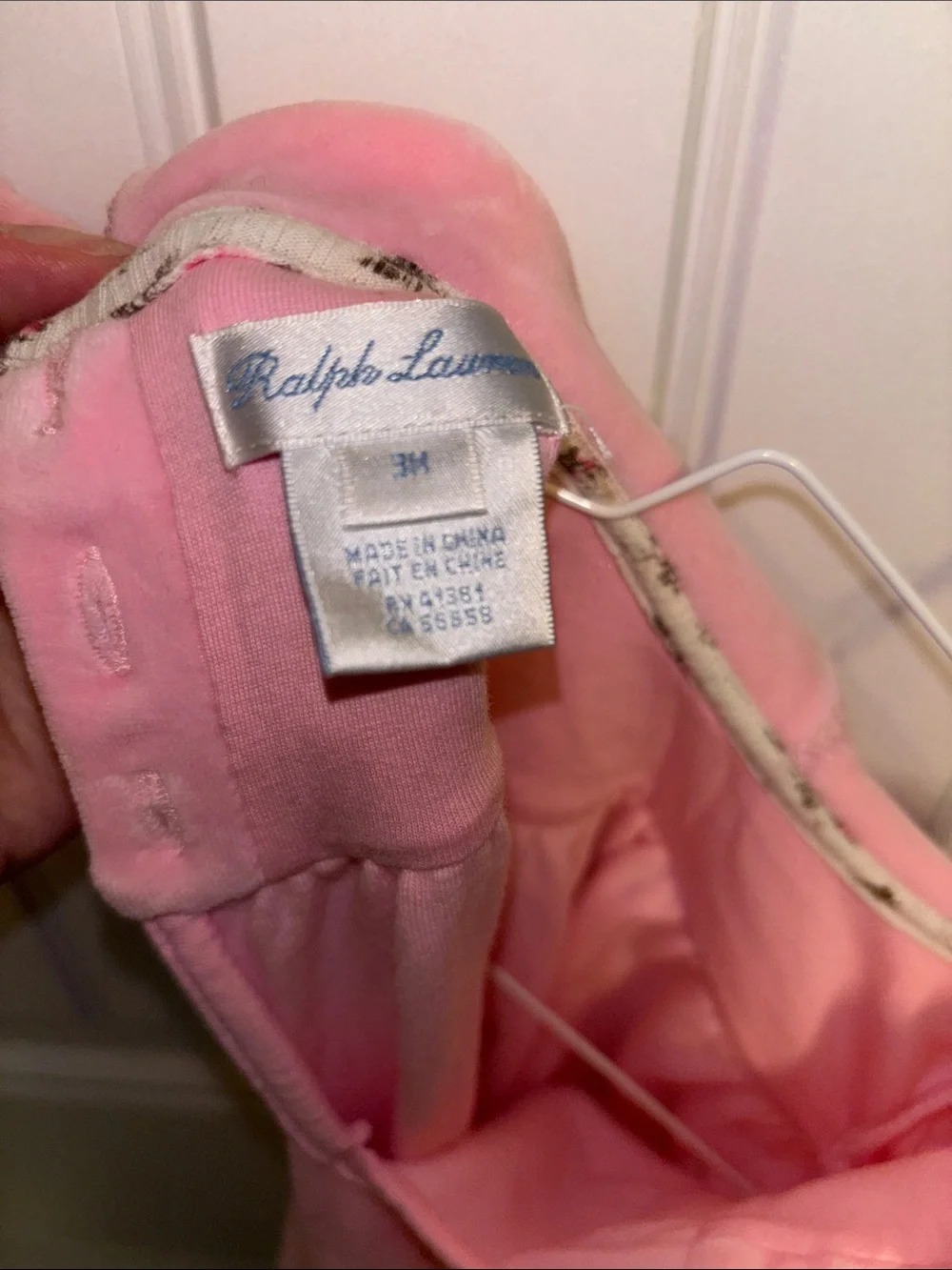 Vintage White Label Ralph Lauren Pink Velour Footed One-Piece Scalloped Collar